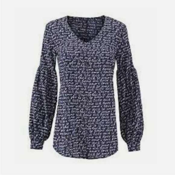 Cabi Tunic Top Womens Large Blue Script Print V-neck Relaxed Breezy Lightweight - Picture 6 of 11